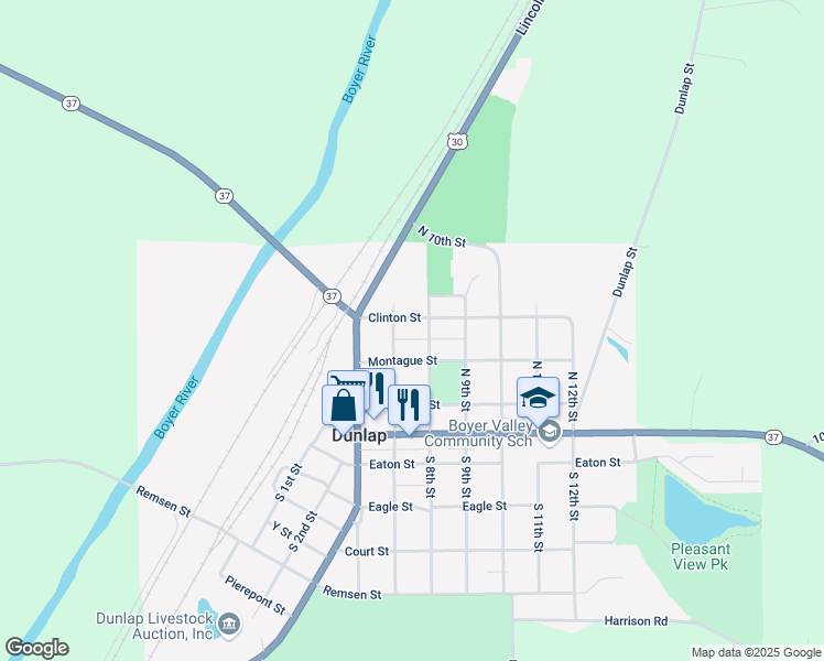 map of restaurants, bars, coffee shops, grocery stores, and more near 708 Clinton Street in Dunlap
