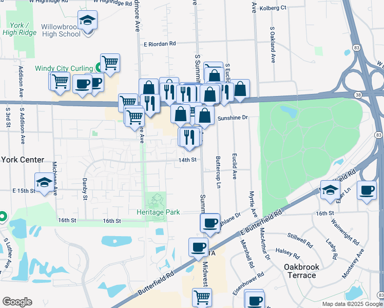 map of restaurants, bars, coffee shops, grocery stores, and more near 17W602 14th Street in Oakbrook Terrace