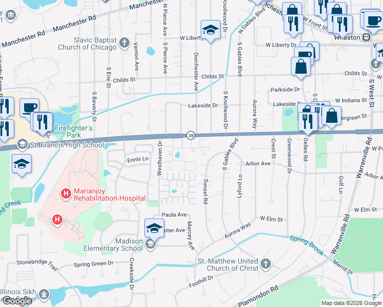 map of restaurants, bars, coffee shops, grocery stores, and more near 1422 Woodcutter Lane in Wheaton