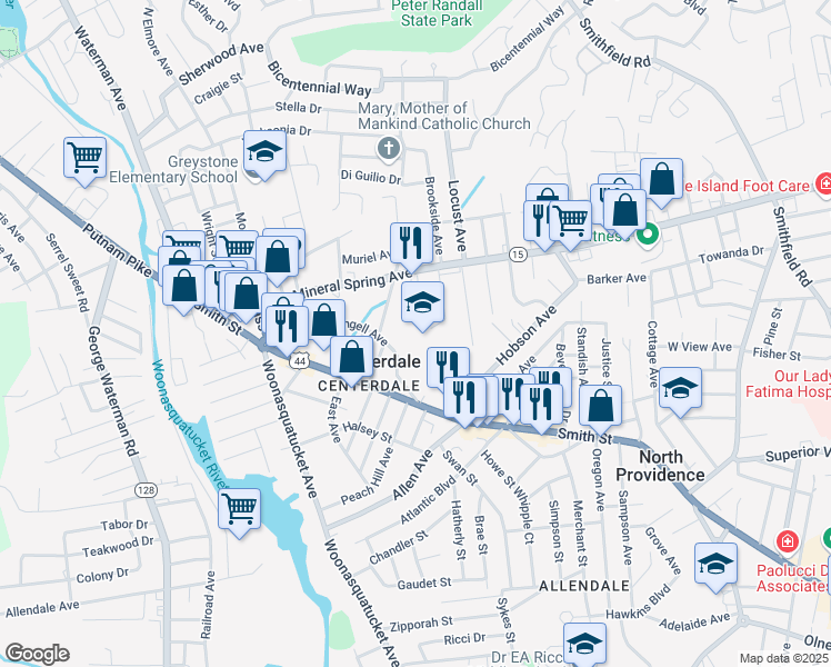map of restaurants, bars, coffee shops, grocery stores, and more near 41 Angell Avenue in North Providence