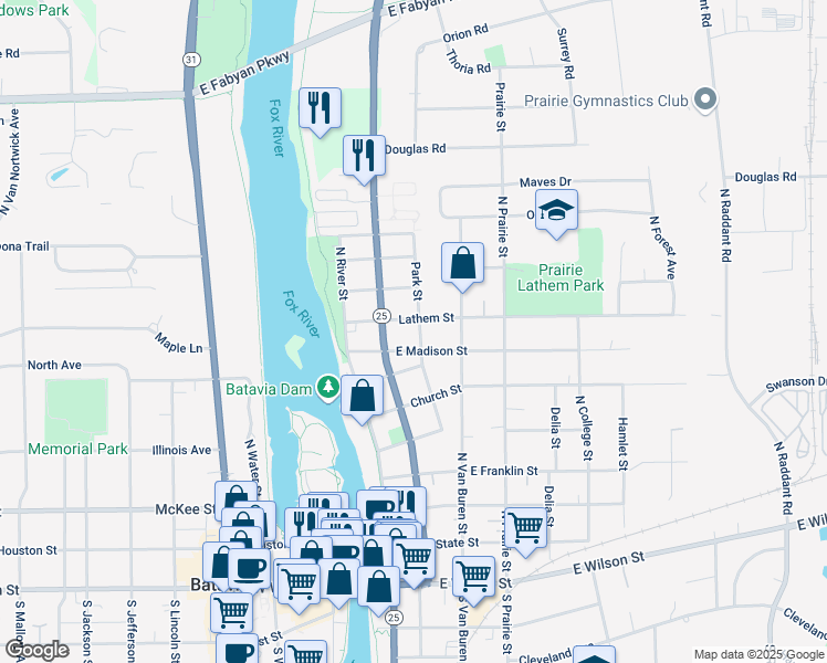 map of restaurants, bars, coffee shops, grocery stores, and more near 615 Park Street in Batavia