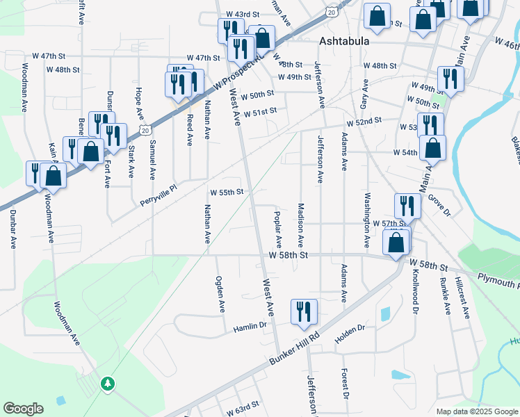 map of restaurants, bars, coffee shops, grocery stores, and more near 5608 West Avenue in Ashtabula