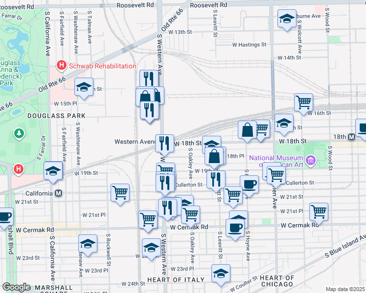 map of restaurants, bars, coffee shops, grocery stores, and more near 2313 West 18th Street in Chicago