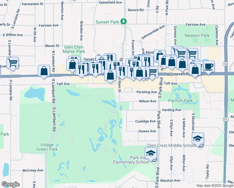 map of restaurants, bars, coffee shops, grocery stores, and more near 54 South Main Street in Glen Ellyn