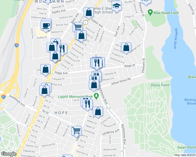 map of restaurants, bars, coffee shops, grocery stores, and more near 729 East Avenue in Pawtucket