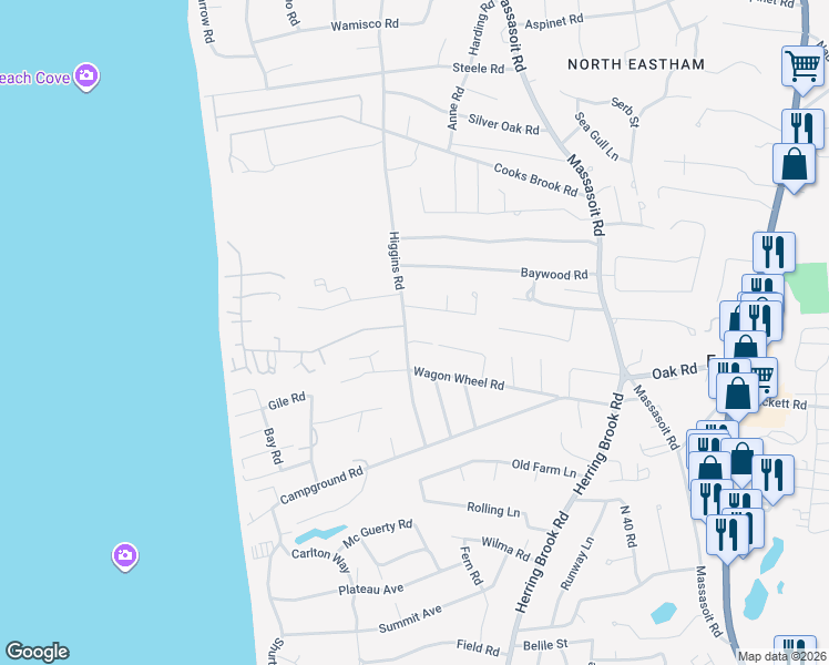 map of restaurants, bars, coffee shops, grocery stores, and more near 5 Geoffry Road in Eastham