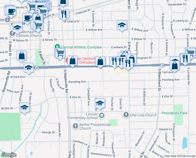 map of restaurants, bars, coffee shops, grocery stores, and more near 810 South Chase Street in Wheaton