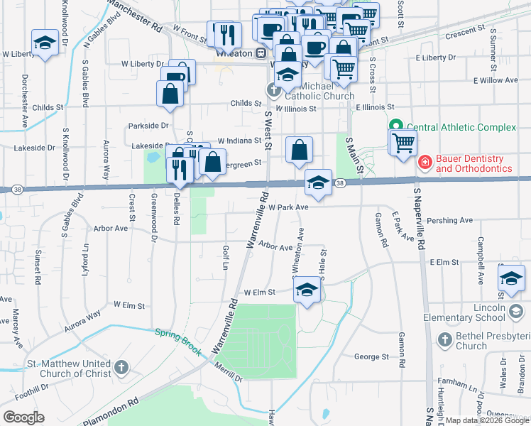 map of restaurants, bars, coffee shops, grocery stores, and more near 807 Warrenville Road in Wheaton