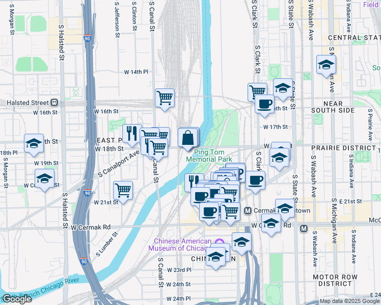 map of restaurants, bars, coffee shops, grocery stores, and more near 329 West 18th Street in Chicago
