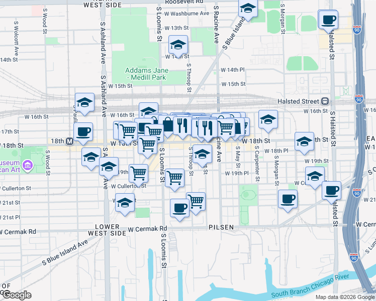 map of restaurants, bars, coffee shops, grocery stores, and more near 1309 West 18th Street in Chicago