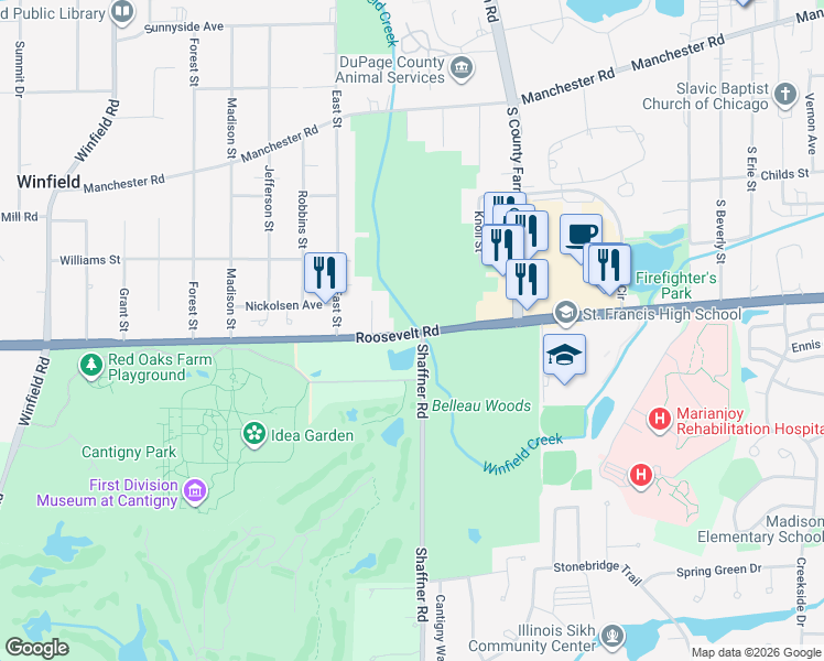 map of restaurants, bars, coffee shops, grocery stores, and more near 2275 Roosevelt Road in Wheaton