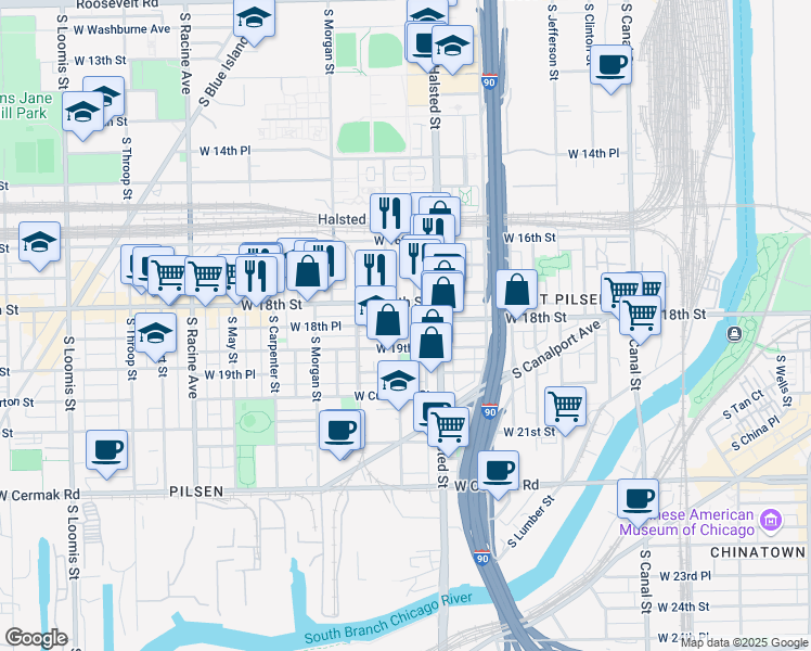 map of restaurants, bars, coffee shops, grocery stores, and more near 1817 South Peoria Street in Chicago