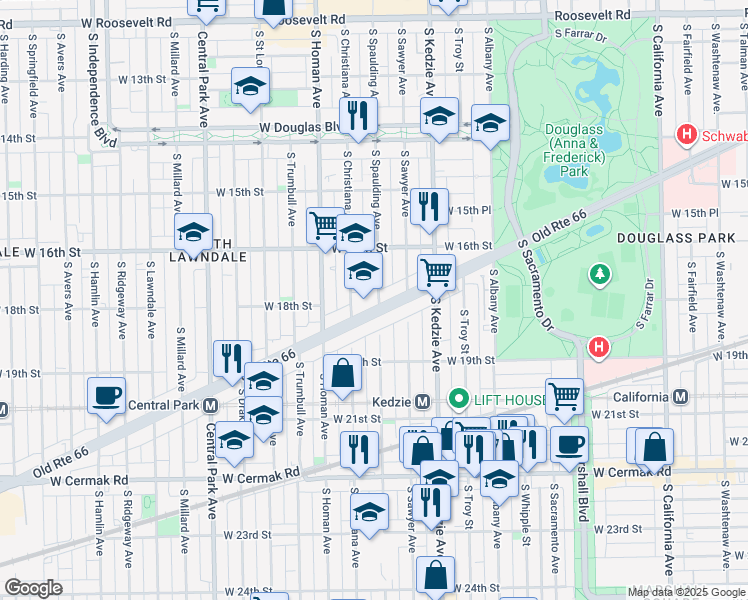 map of restaurants, bars, coffee shops, grocery stores, and more near 3300 West Ogden Avenue in Chicago