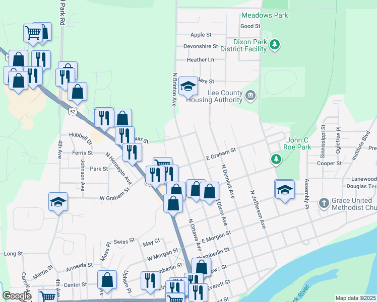 map of restaurants, bars, coffee shops, grocery stores, and more near 924 North Brinton Avenue in Dixon