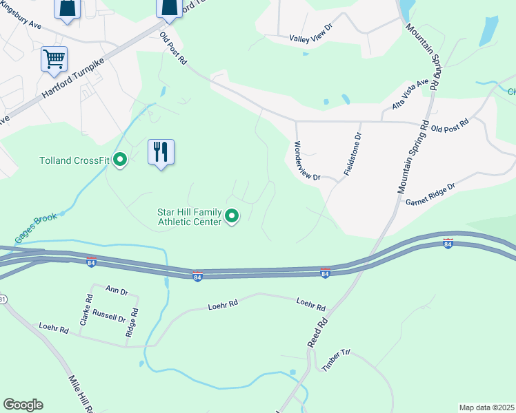 map of restaurants, bars, coffee shops, grocery stores, and more near 73 Belvedere Drive in Tolland