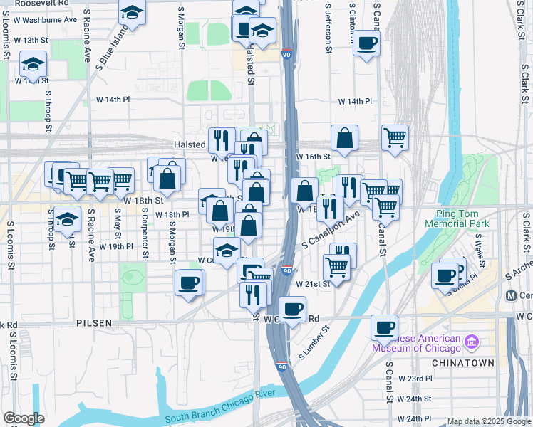 map of restaurants, bars, coffee shops, grocery stores, and more near 1817 South Halsted Street in Chicago