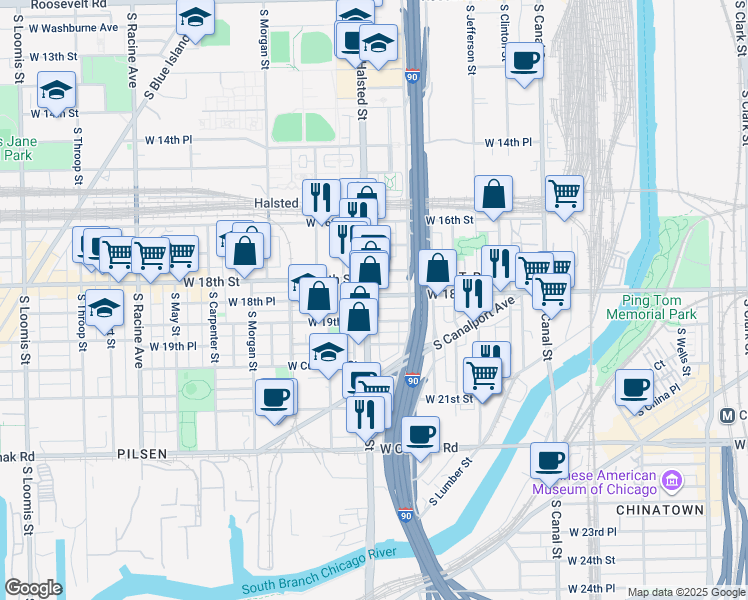 map of restaurants, bars, coffee shops, grocery stores, and more near 1817 South Halsted Street in Chicago