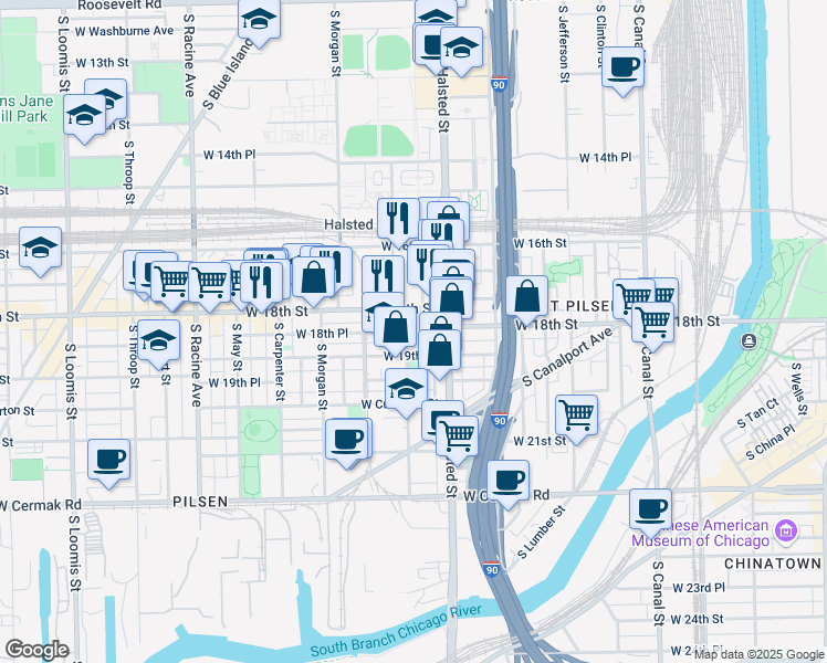 map of restaurants, bars, coffee shops, grocery stores, and more near 1817 South Peoria Street in Chicago