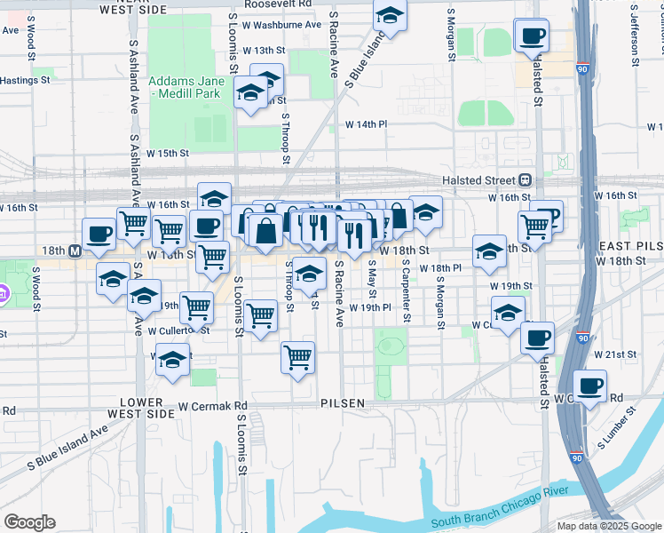 map of restaurants, bars, coffee shops, grocery stores, and more near 1813 South Allport Street in Chicago