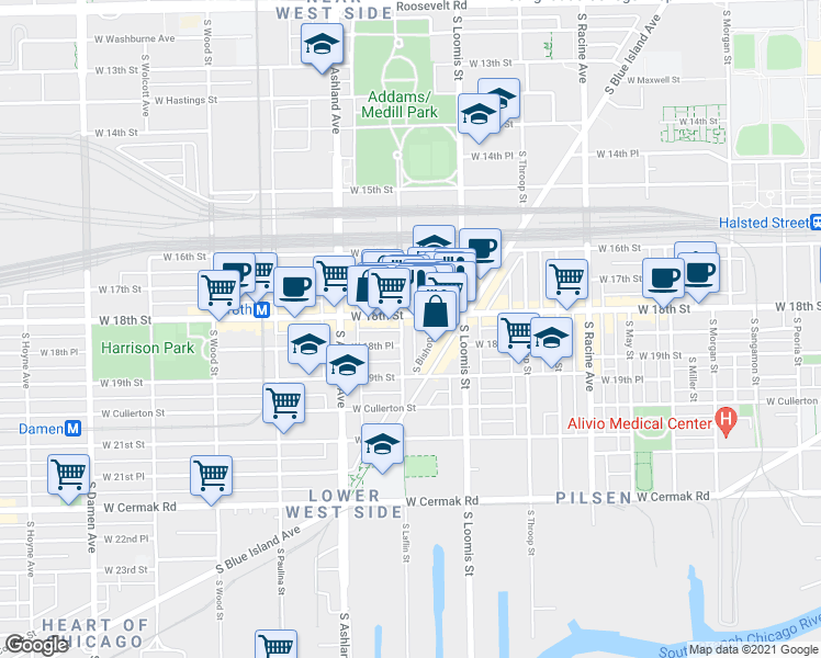 map of restaurants, bars, coffee shops, grocery stores, and more near 1443 West 18th Street in Chicago