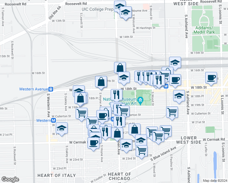 map of restaurants, bars, coffee shops, grocery stores, and more near 2011 West 18th Street in Chicago