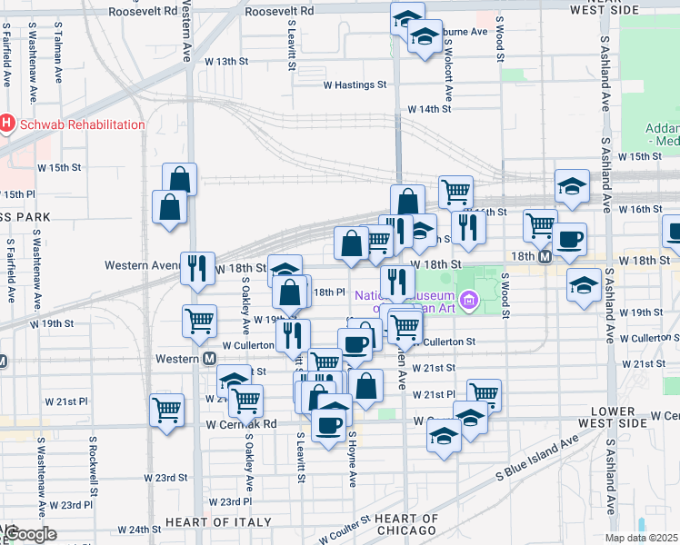 map of restaurants, bars, coffee shops, grocery stores, and more near 2125 West 18th Street in Chicago