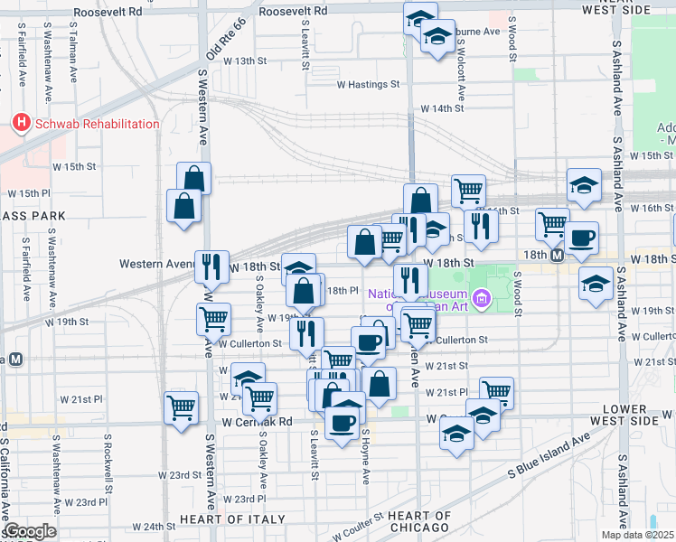 map of restaurants, bars, coffee shops, grocery stores, and more near 2125 West 18th Street in Chicago