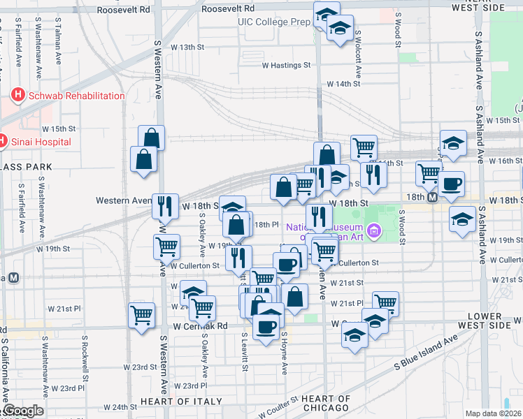 map of restaurants, bars, coffee shops, grocery stores, and more near 2125 West 18th Street in Chicago