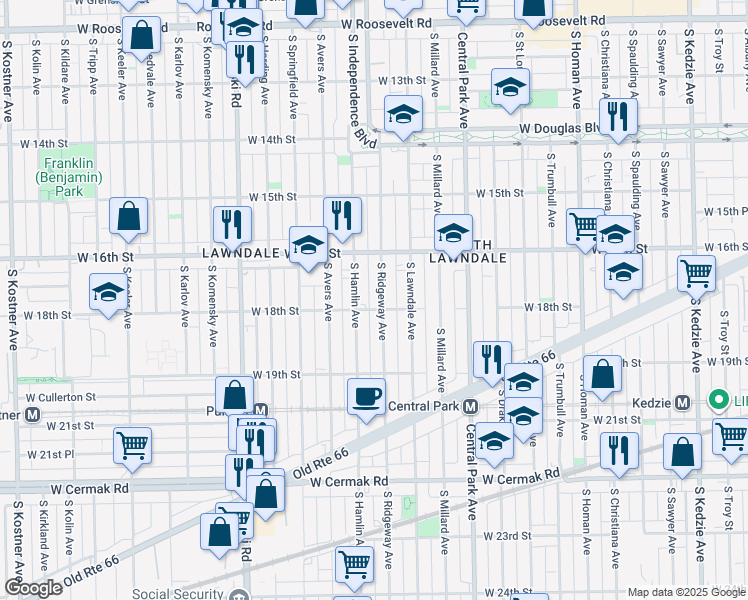 map of restaurants, bars, coffee shops, grocery stores, and more near 1649 South Ridgeway Avenue in Chicago
