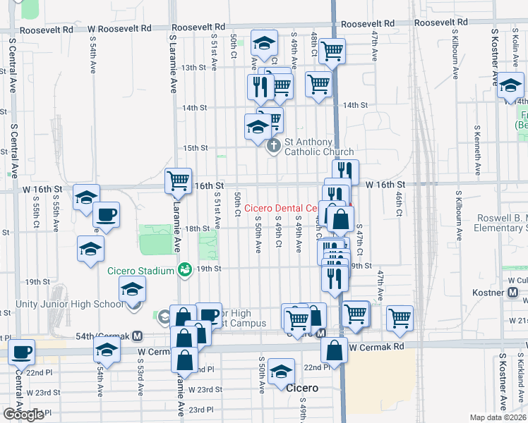 map of restaurants, bars, coffee shops, grocery stores, and more near 1622 South 49th Court in Cicero
