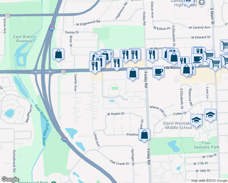 map of restaurants, bars, coffee shops, grocery stores, and more near 1300 Sycamore Court in Lombard
