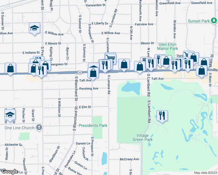 map of restaurants, bars, coffee shops, grocery stores, and more near 881 South Lorraine Road in Wheaton