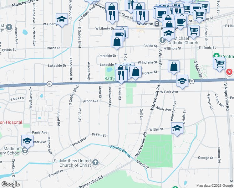 map of restaurants, bars, coffee shops, grocery stores, and more near 808 Delles Road in Wheaton