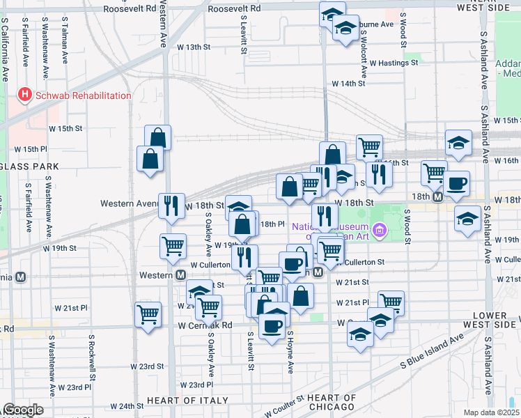 map of restaurants, bars, coffee shops, grocery stores, and more near 2141 West 18th Street in Chicago