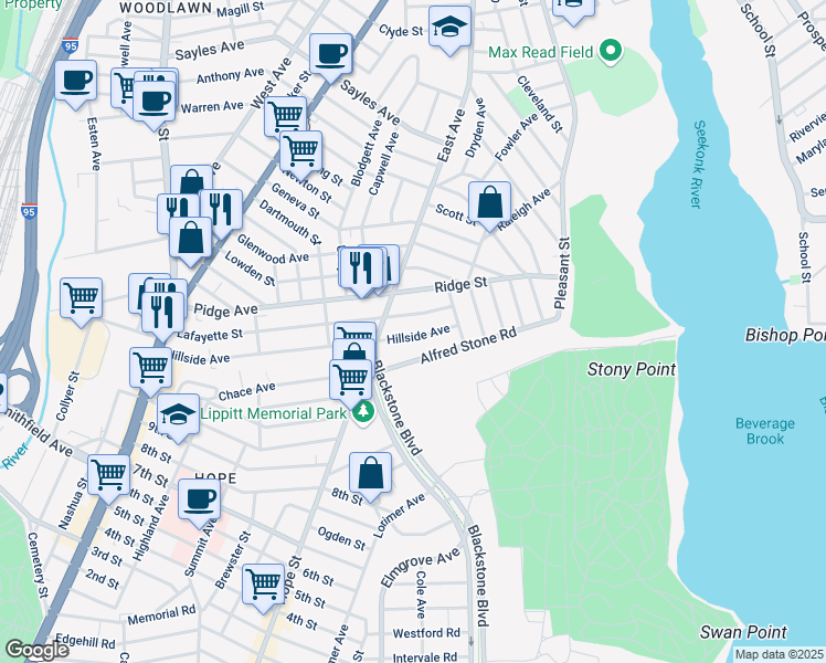 map of restaurants, bars, coffee shops, grocery stores, and more near 250 Hillside Avenue in Pawtucket