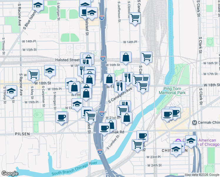 map of restaurants, bars, coffee shops, grocery stores, and more near 639 West 18th Street in Chicago