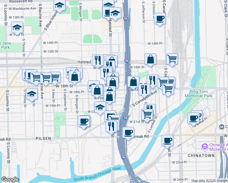 map of restaurants, bars, coffee shops, grocery stores, and more near 1817 South Halsted Street in Chicago