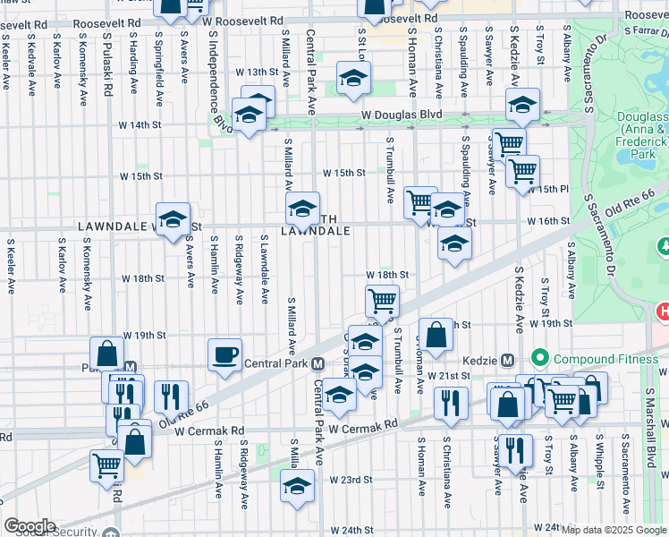 map of restaurants, bars, coffee shops, grocery stores, and more near 1654 South Drake Avenue in Chicago