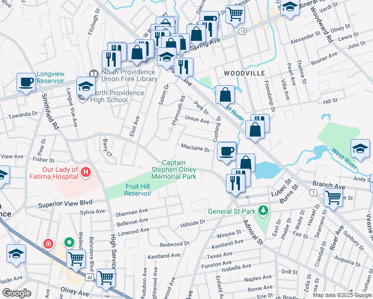 map of restaurants, bars, coffee shops, grocery stores, and more near 14 Maclaine Dr in North Providence