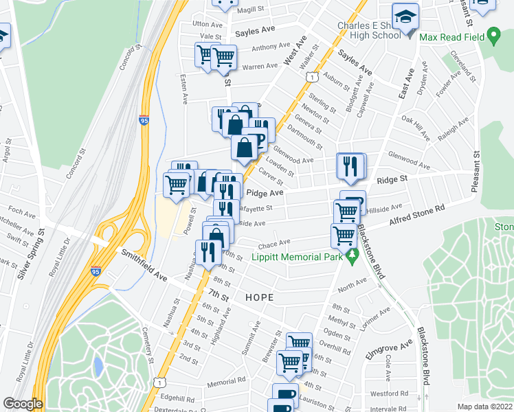map of restaurants, bars, coffee shops, grocery stores, and more near 277 Lafayette Street in Pawtucket