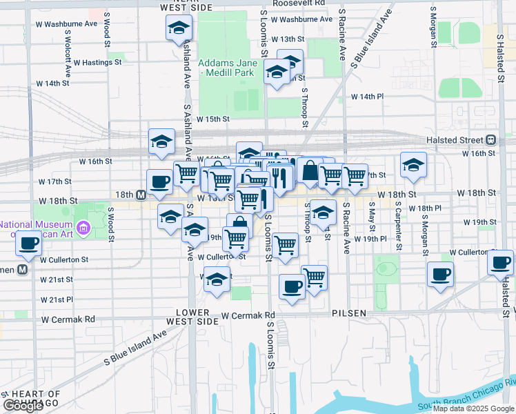 map of restaurants, bars, coffee shops, grocery stores, and more near 1810 South Blue Island Avenue in Chicago