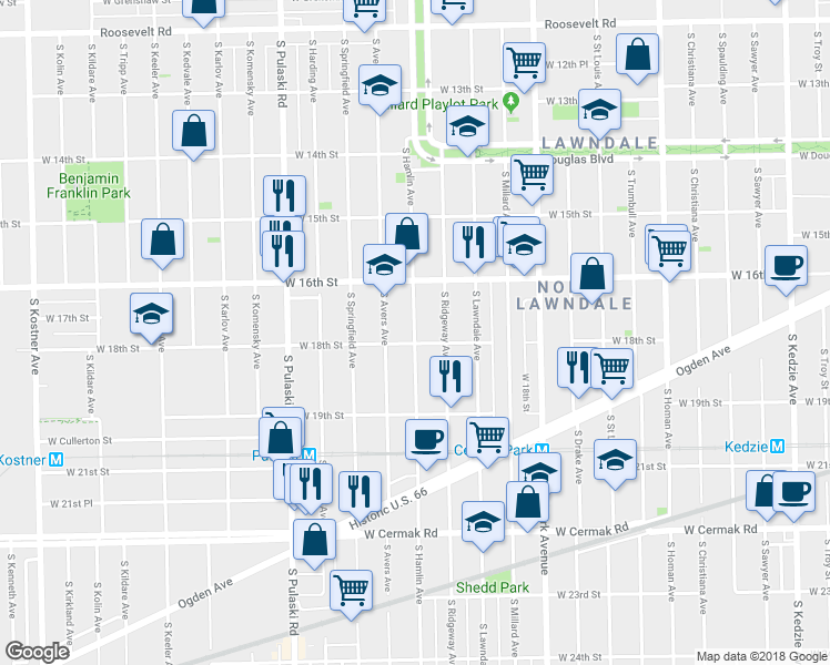 map of restaurants, bars, coffee shops, grocery stores, and more near 1650 South Hamlin Avenue in Chicago
