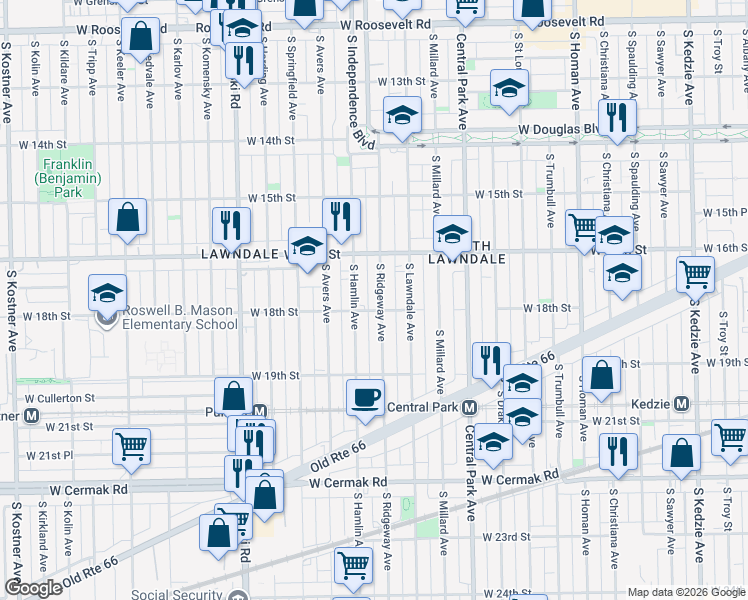 map of restaurants, bars, coffee shops, grocery stores, and more near 1649 South Ridgeway Avenue in Chicago