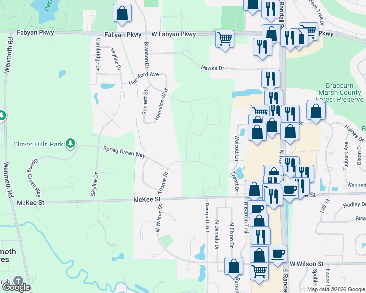 map of restaurants, bars, coffee shops, grocery stores, and more near 599 Thorne Street in Batavia