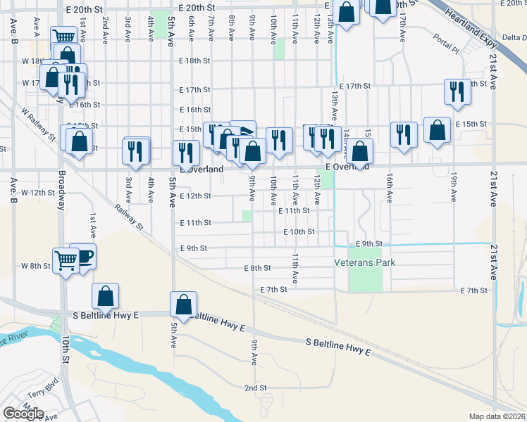 map of restaurants, bars, coffee shops, grocery stores, and more near 951 East 11th Street in Scottsbluff