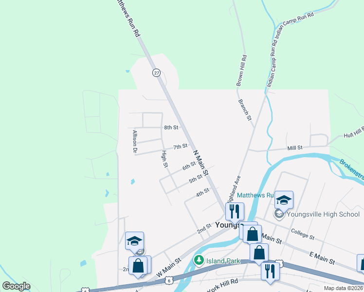 map of restaurants, bars, coffee shops, grocery stores, and more near 27 7th Street in Youngsville