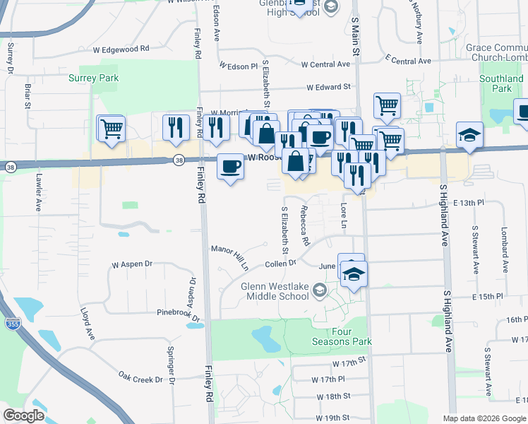map of restaurants, bars, coffee shops, grocery stores, and more near 1317 South Finley Road in Lombard