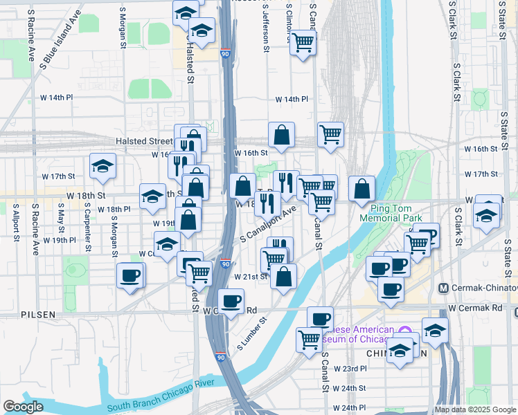 map of restaurants, bars, coffee shops, grocery stores, and more near 615 West 18th Street in Chicago