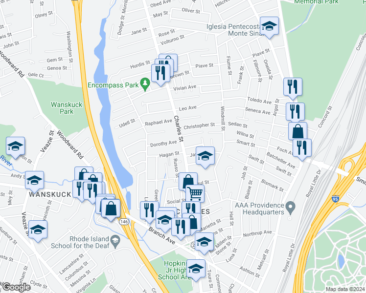 map of restaurants, bars, coffee shops, grocery stores, and more near 769 Charles Street in Providence
