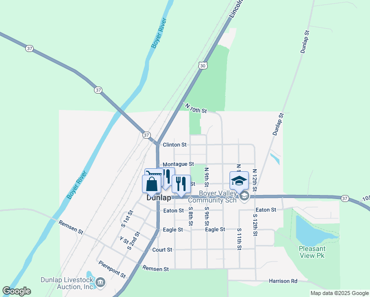 map of restaurants, bars, coffee shops, grocery stores, and more near 708 Clinton Street in Dunlap